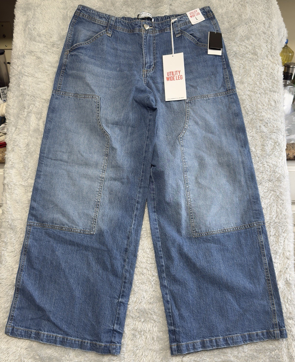 Celebrity Pink Women's Jeans Size Large Utility Wide Leg Blue Denim New